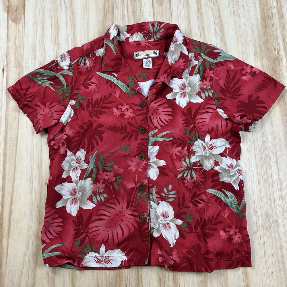 Caribbean Joe Womens LP Red Floral Crop Hawaiian Resort Button Up Shirt